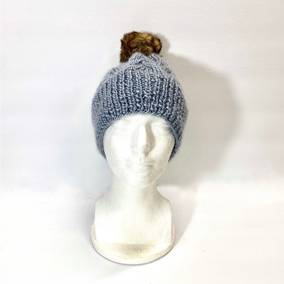 HAND Knit Cable Beanie Hat Silver 2Tone Brown Faux Fur Pom Pom Ladies Small main image 7